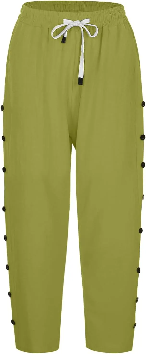 Linen Capri Pants for Women Casual High Waisted Straight Leg Lounge Pants Fashion Side Button Capris with Pockets