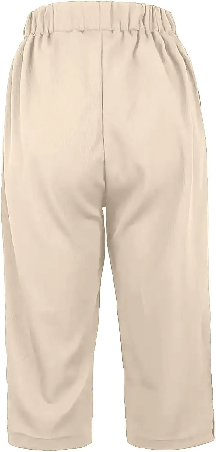 Linen Capri Pants for Women High Waisted Straight Leg Palazzo Trousers Lightweight Beach Lounge Pants with Pockets