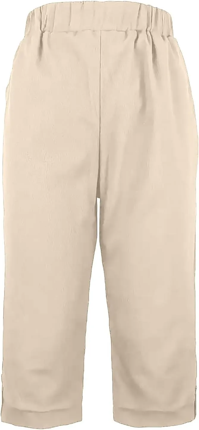 Linen Capri Pants for Women High Waisted Straight Leg Palazzo Trousers Lightweight Beach Lounge Pants with Pockets