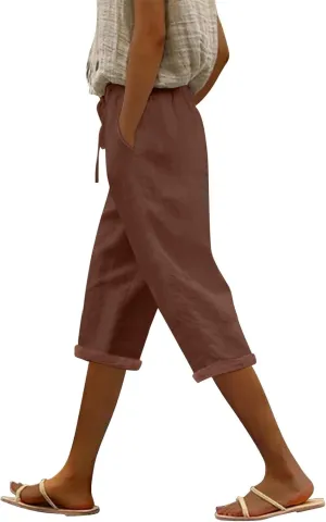 Linen Capris for Women Cotton Elastic Long Pants Beach Leisure Trousers Crop Beach Trousers Women Linen Capri Pants