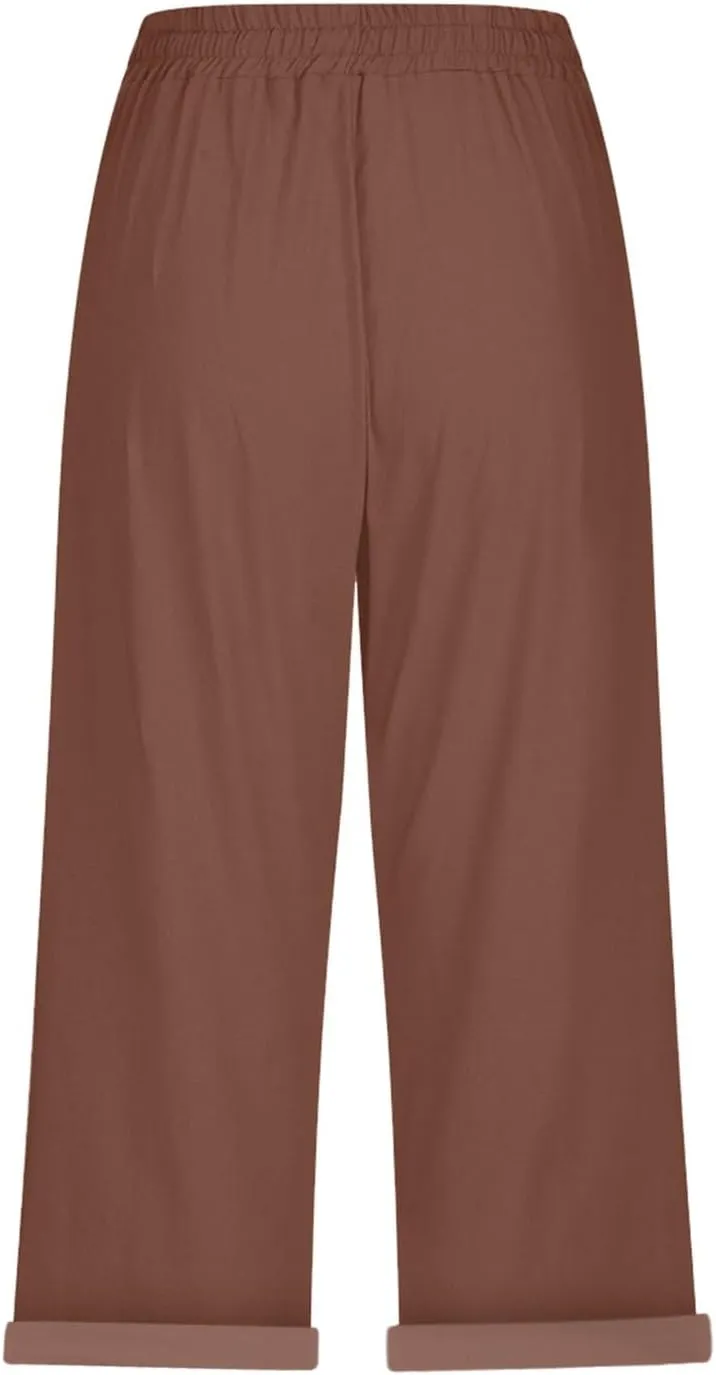 Linen Capris for Women Cotton Elastic Long Pants Beach Leisure Trousers Crop Beach Trousers Women Linen Capri Pants