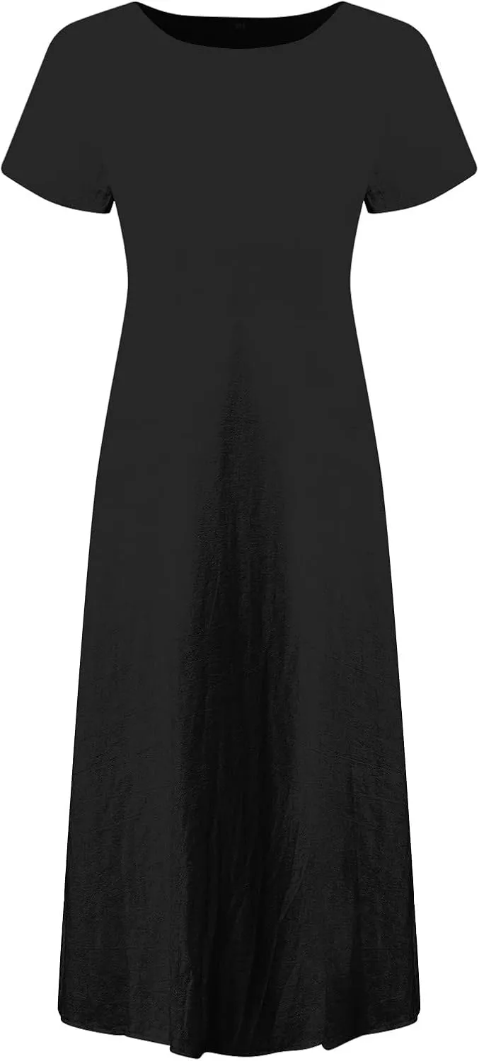 Linen Dresses for Women 2025 Flowy V Neck Short Sleeve Casual Plus Size Maxi Dress Summer Beach Sundresses