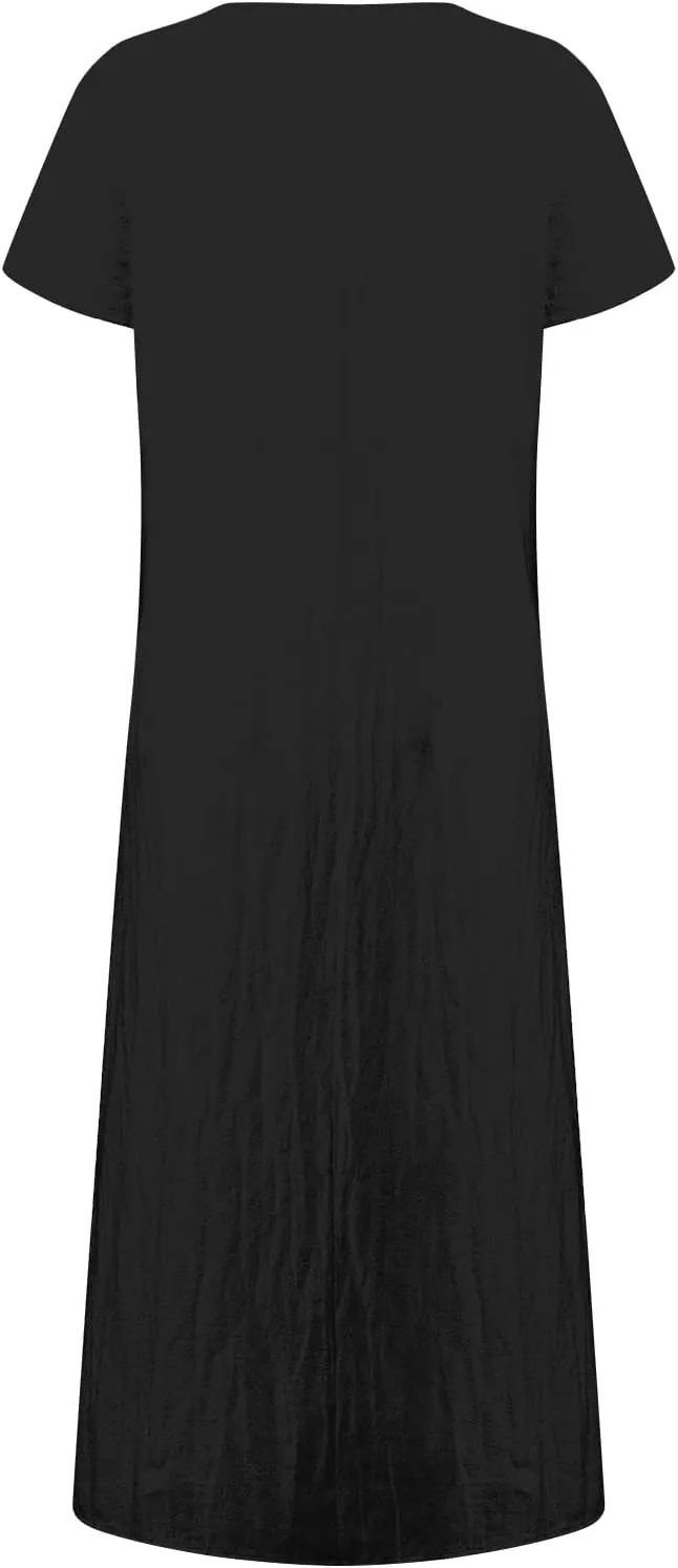 Linen Dresses for Women 2025 Flowy V Neck Short Sleeve Casual Plus Size Maxi Dress Summer Beach Sundresses