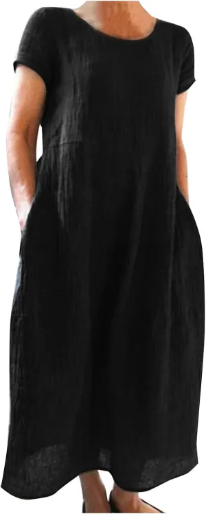Linen Dresses for Women 2025 Flowy V Neck Short Sleeve Casual Plus Size Maxi Dress Summer Beach Sundresses