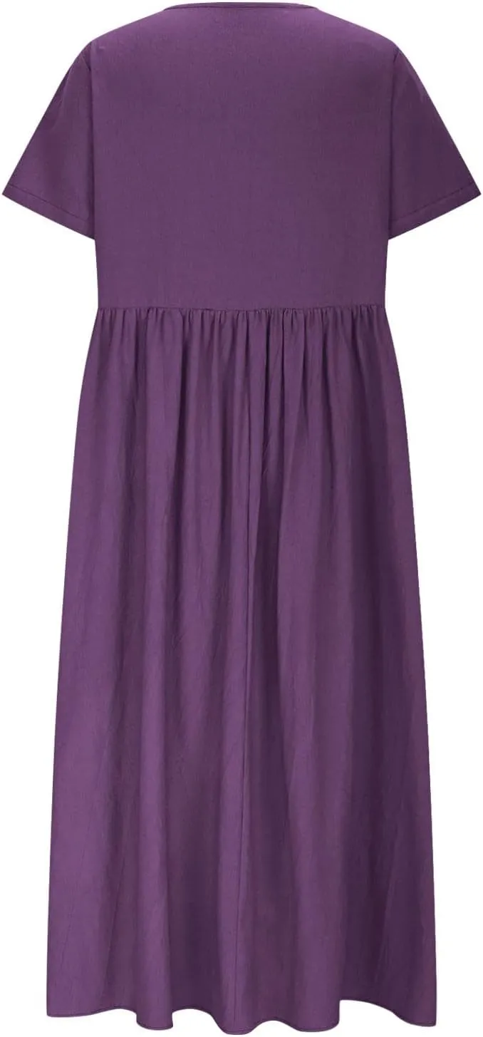Linen Dresses for Women 2025 Short Sleeve V Neck Maxi Dress Casual Summer Beach Long Dress Vacation Clothes