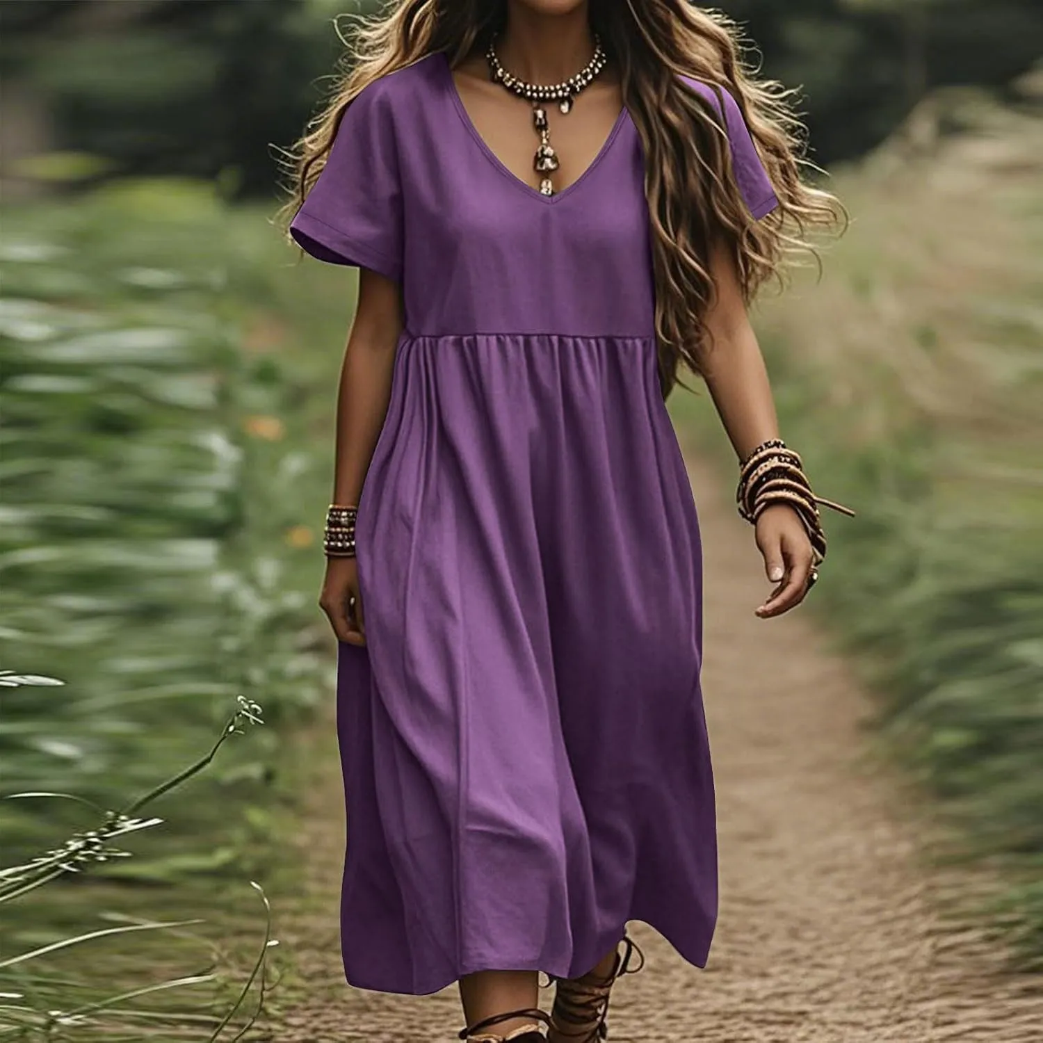 Linen Dresses for Women 2025 Short Sleeve V Neck Maxi Dress Casual Summer Beach Long Dress Vacation Clothes