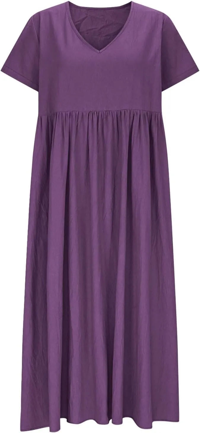 Linen Dresses for Women 2025 Short Sleeve V Neck Maxi Dress Casual Summer Beach Long Dress Vacation Clothes