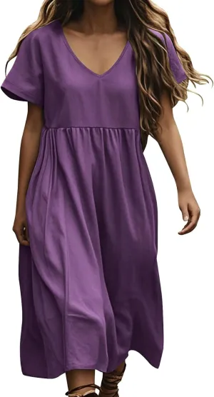 Linen Dresses for Women 2025 Short Sleeve V Neck Maxi Dress Casual Summer Beach Long Dress Vacation Clothes