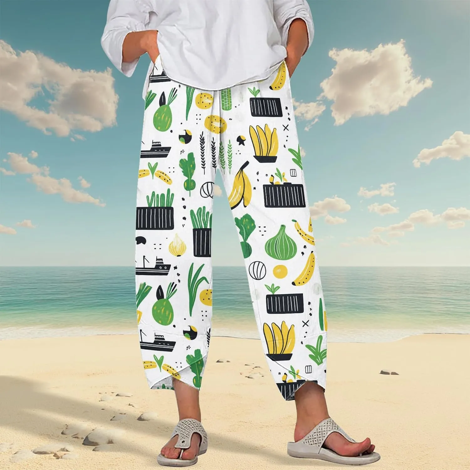 Linen Pants for Women Summer Casual Capri Pants with Pockets Baggy Comfy Wide Leg Trousers Lounge Palazzo Pants