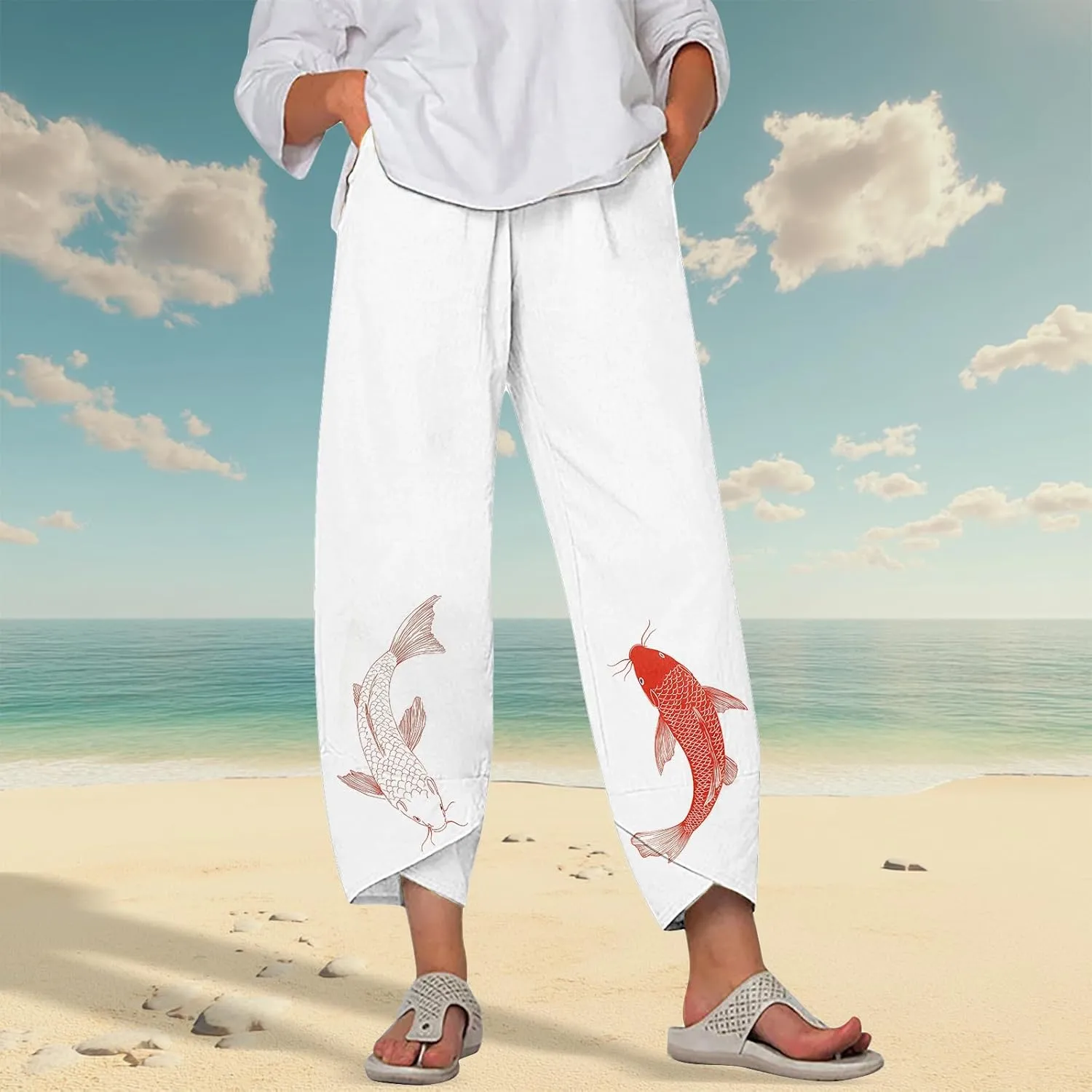 Linen Pants for Women Summer Casual Capri Pants with Pockets Baggy Comfy Wide Leg Trousers Lounge Palazzo Pants