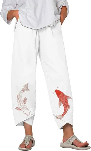 Linen Pants for Women Summer Casual Capri Pants with Pockets Baggy Comfy Wide Leg Trousers Lounge Palazzo Pants