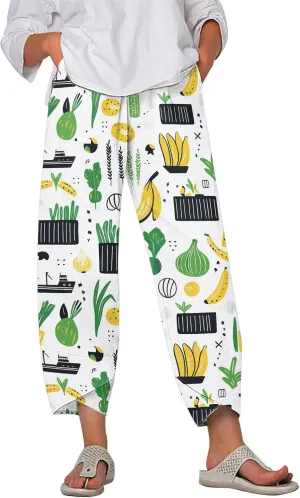 Linen Pants for Women Summer Casual Capri Pants with Pockets Baggy Comfy Wide Leg Trousers Lounge Palazzo Pants