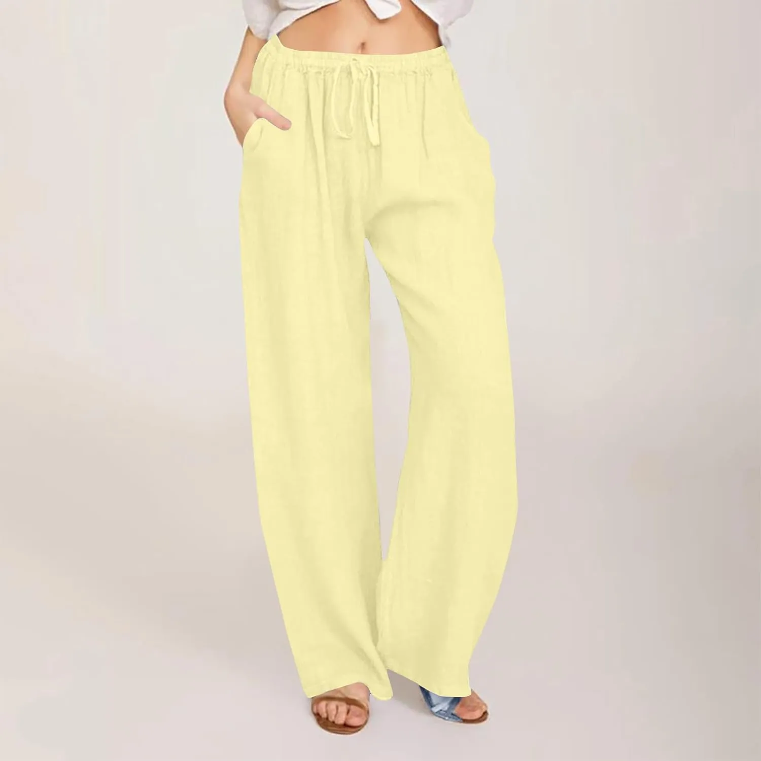Linen Pants Women Casual Summer Palazzo Pants Loose Fit Beach Pants High Waisted Drawstring Wide Leg Trousers 2025
