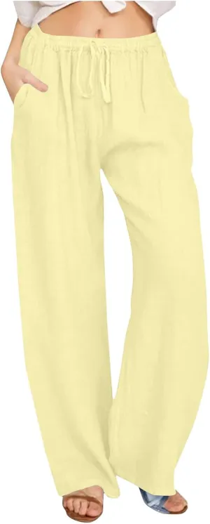 Linen Pants Women Casual Summer Palazzo Pants Loose Fit Beach Pants High Waisted Drawstring Wide Leg Trousers 2025