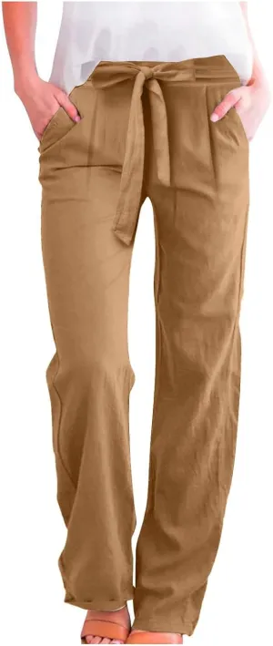 Linen Pants Women Plus Size High Waisted Dress Pants Knot Tie Straight Leg Work Pants Paperbag Pants with Pockets
