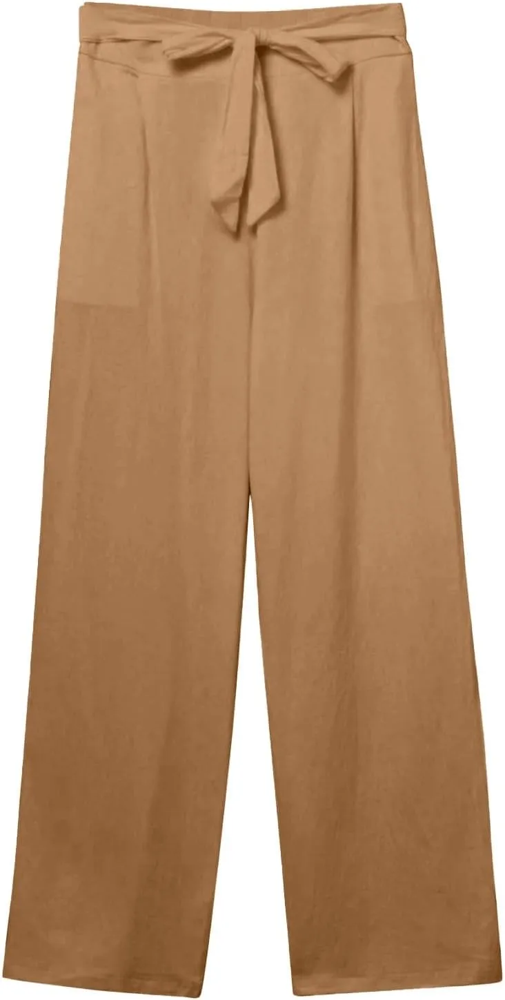 Linen Pants Women Plus Size High Waisted Dress Pants Knot Tie Straight Leg Work Pants Paperbag Pants with Pockets