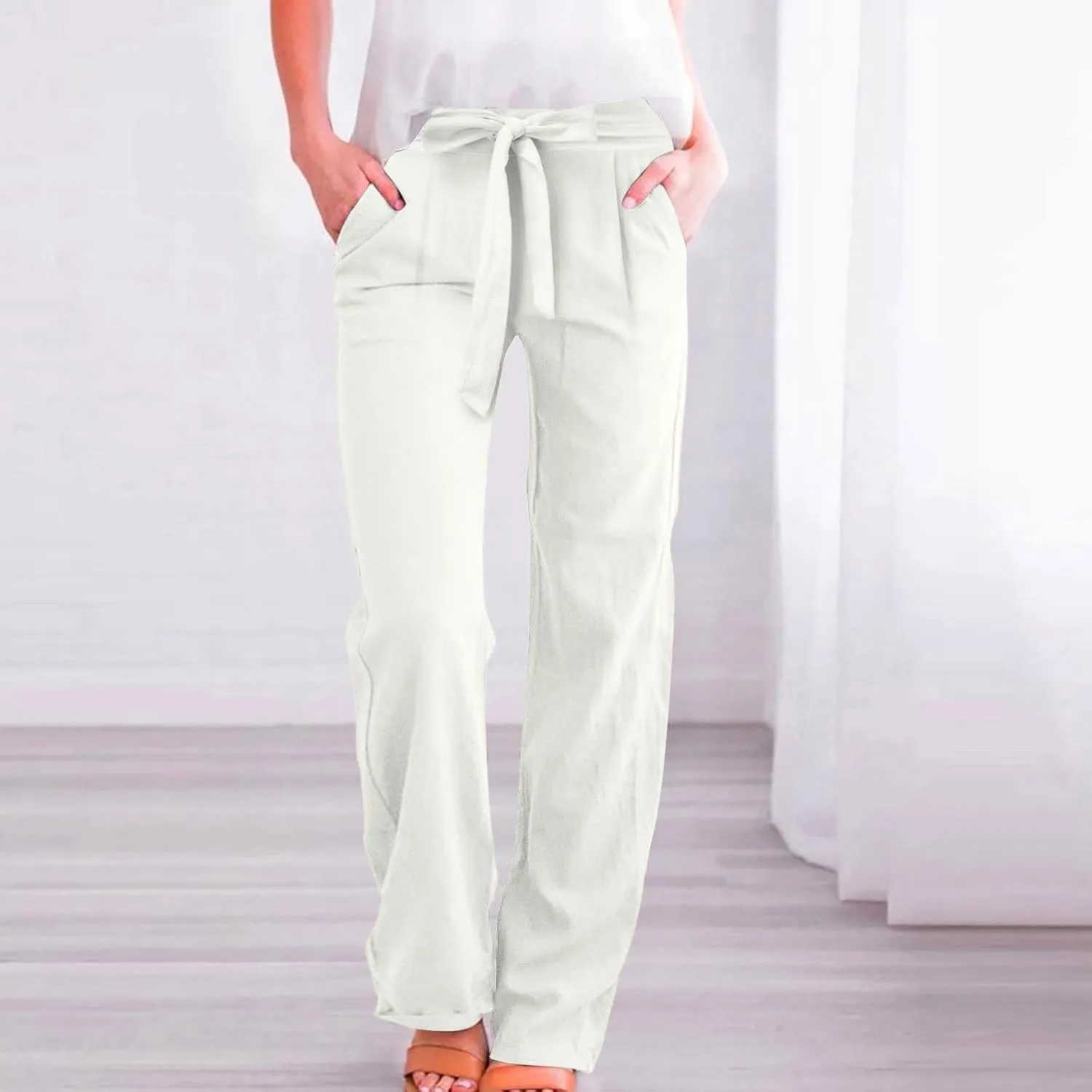Linen Pants Women Plus Size High Waisted Dress Pants Knot Tie Straight Leg Work Pants Paperbag Pants with Pockets