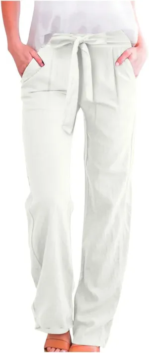 Linen Pants Women Plus Size High Waisted Dress Pants Knot Tie Straight Leg Work Pants Paperbag Pants with Pockets