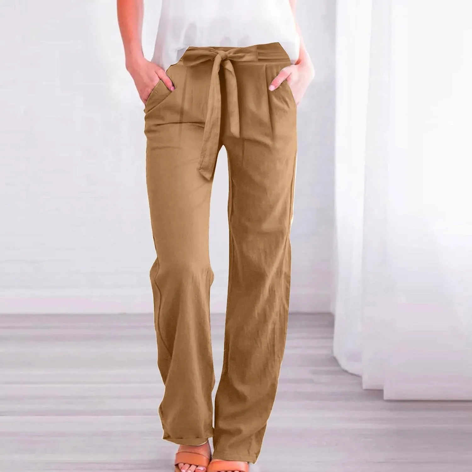 Linen Pants Women Plus Size High Waisted Dress Pants Knot Tie Straight Leg Work Pants Paperbag Pants with Pockets