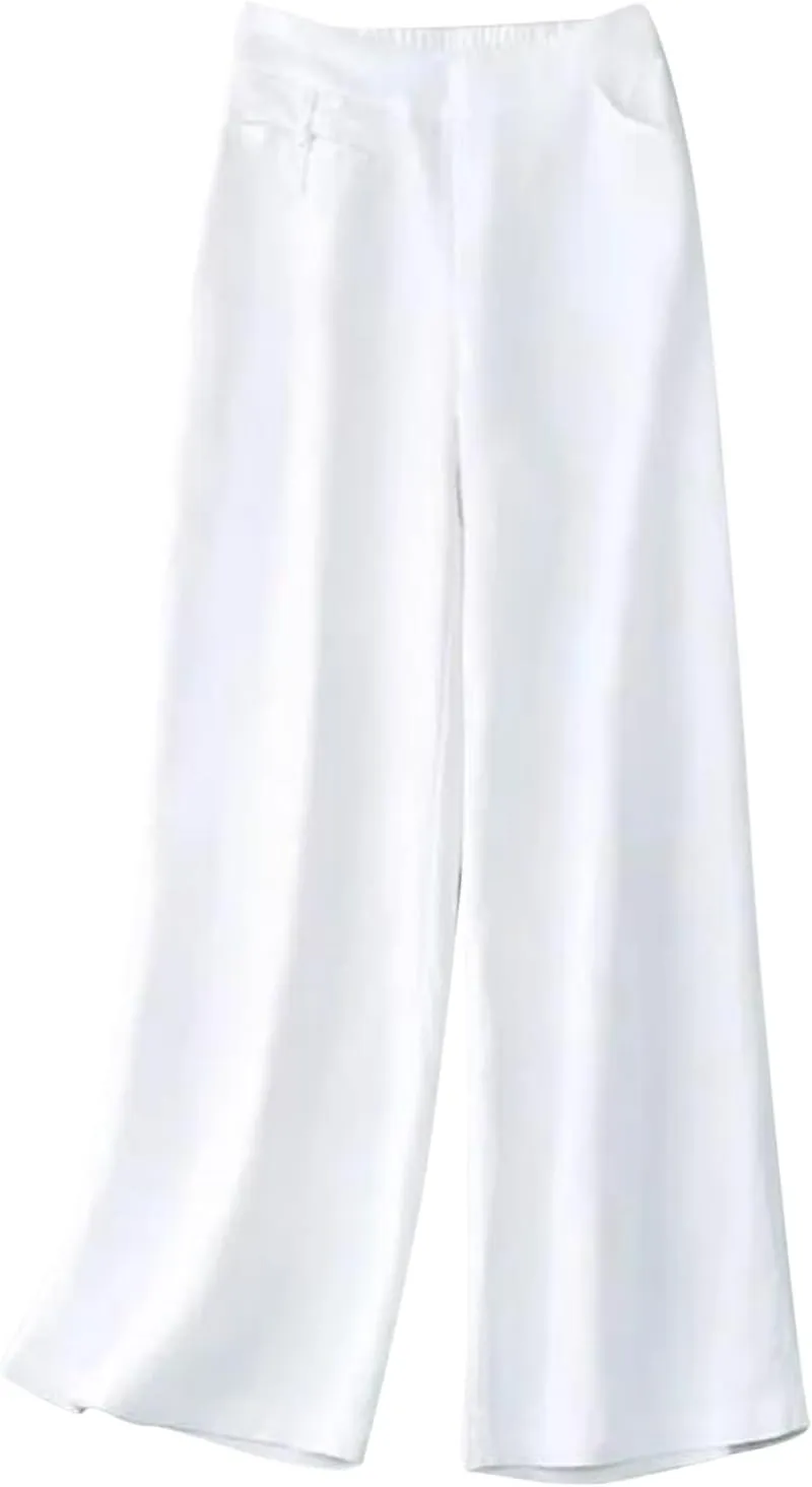 Linen Pants Women Summer Solid High Waisted Cotton Linen Palazzo Pants Wide Leg Long Lounge Trousers with Pockets
