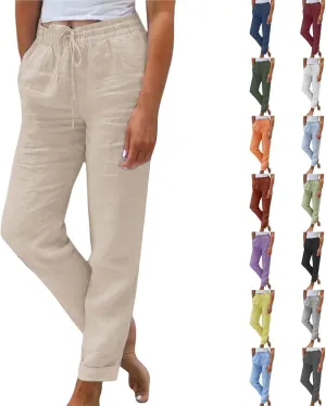 Linen Pants Womens Relaxed Fit Casual Vacation Cotton Linen Pant Trendy Drawstrings Lounge Trousers with Pockets