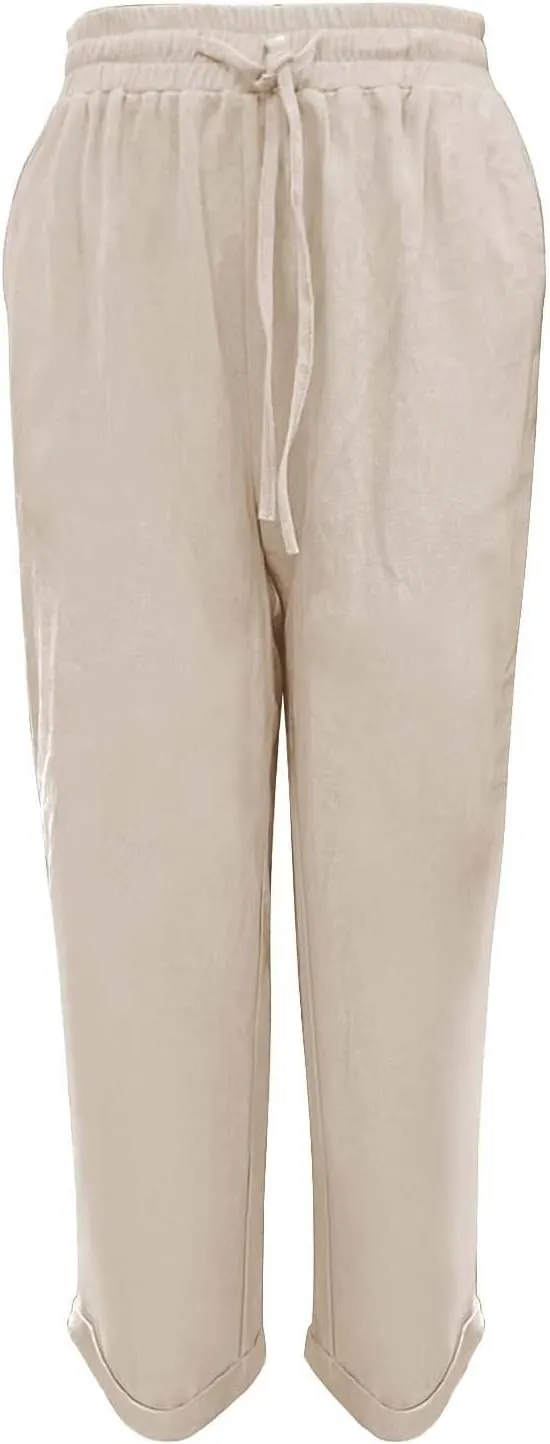 Linen Pants Womens Relaxed Fit Casual Vacation Cotton Linen Pant Trendy Drawstrings Lounge Trousers with Pockets