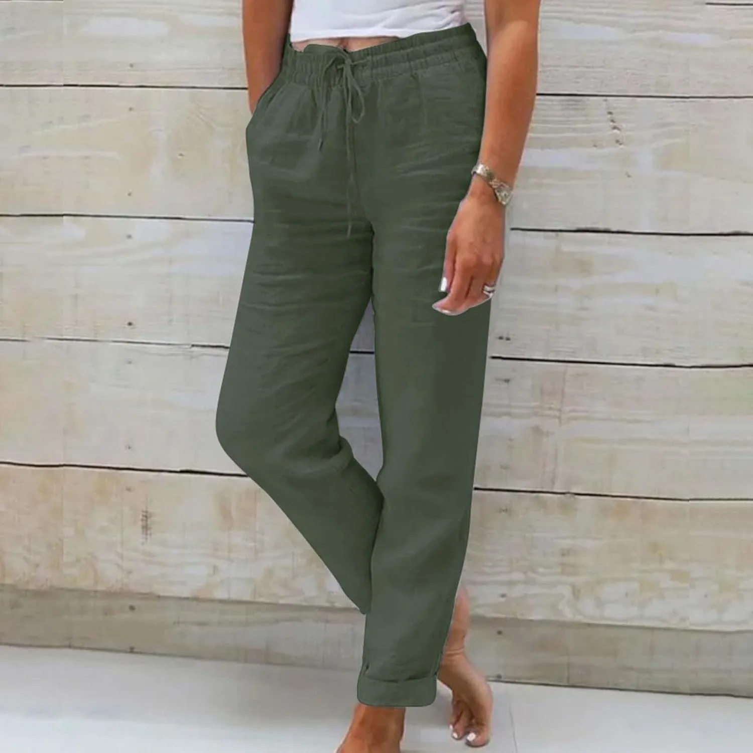 Linen Pants Womens Relaxed Fit Casual Vacation Cotton Linen Pant Trendy Drawstrings Lounge Trousers with Pockets