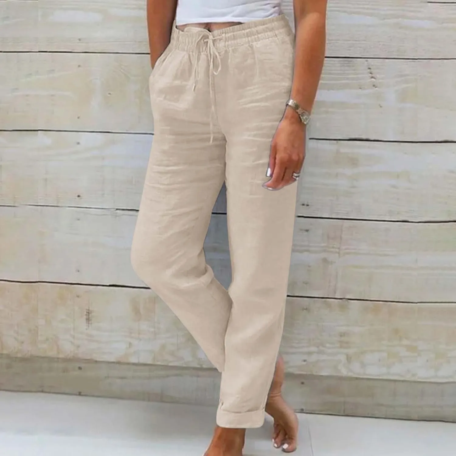Linen Pants Womens Relaxed Fit Casual Vacation Cotton Linen Pant Trendy Drawstrings Lounge Trousers with Pockets