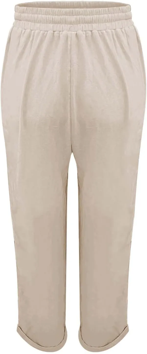 Linen Pants Womens Relaxed Fit Casual Vacation Cotton Linen Pant Trendy Drawstrings Lounge Trousers with Pockets