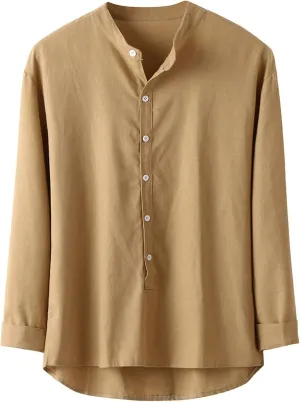 Linen Shirt Men Button Down Long Sleeves Cotton Solid Color Summer Beach Dress Shirt Casual Trendy Summer Clothing
