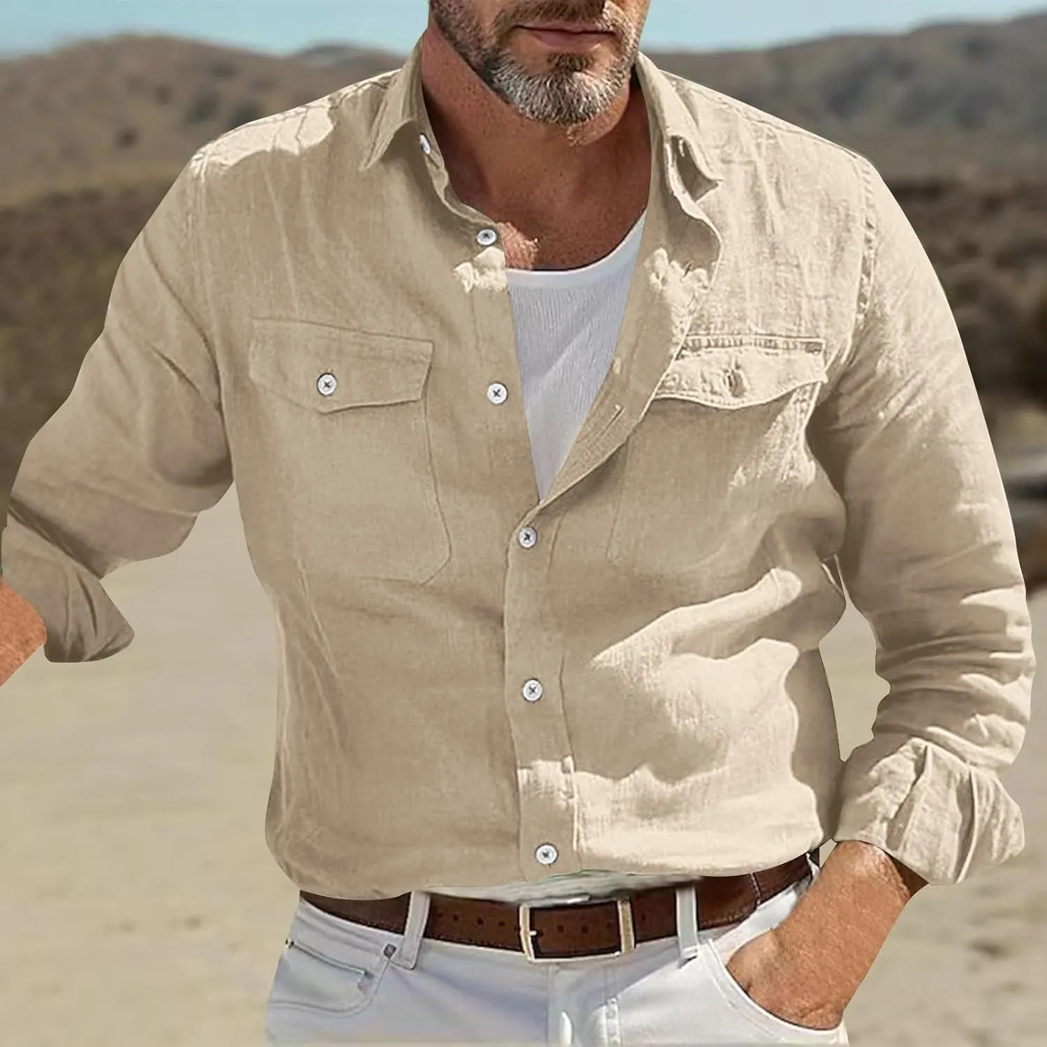 Linen Shirt Men Long Sleeve Solid Color Cotton Linen Button Down Tees with Pockets 2025 Spring Casual Blouses Top
