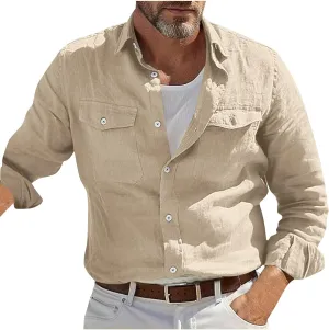 Linen Shirt Men Long Sleeve Solid Color Cotton Linen Button Down Tees with Pockets 2025 Spring Casual Blouses Top