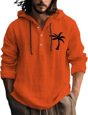 Linen Shirts for Men Casual Summer Palm Tree Print Button Up Shirt Linen Hoodie Beach Long Sleeve Shirt Top with Hood
