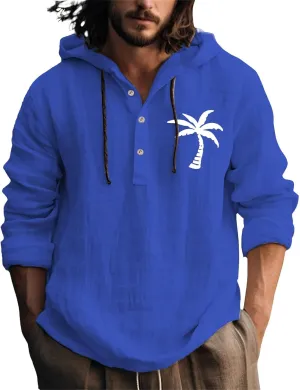 Linen Shirts for Men Casual Summer Palm Tree Print Button Up Shirt Linen Hoodie Beach Long Sleeve Shirt Top with Hood