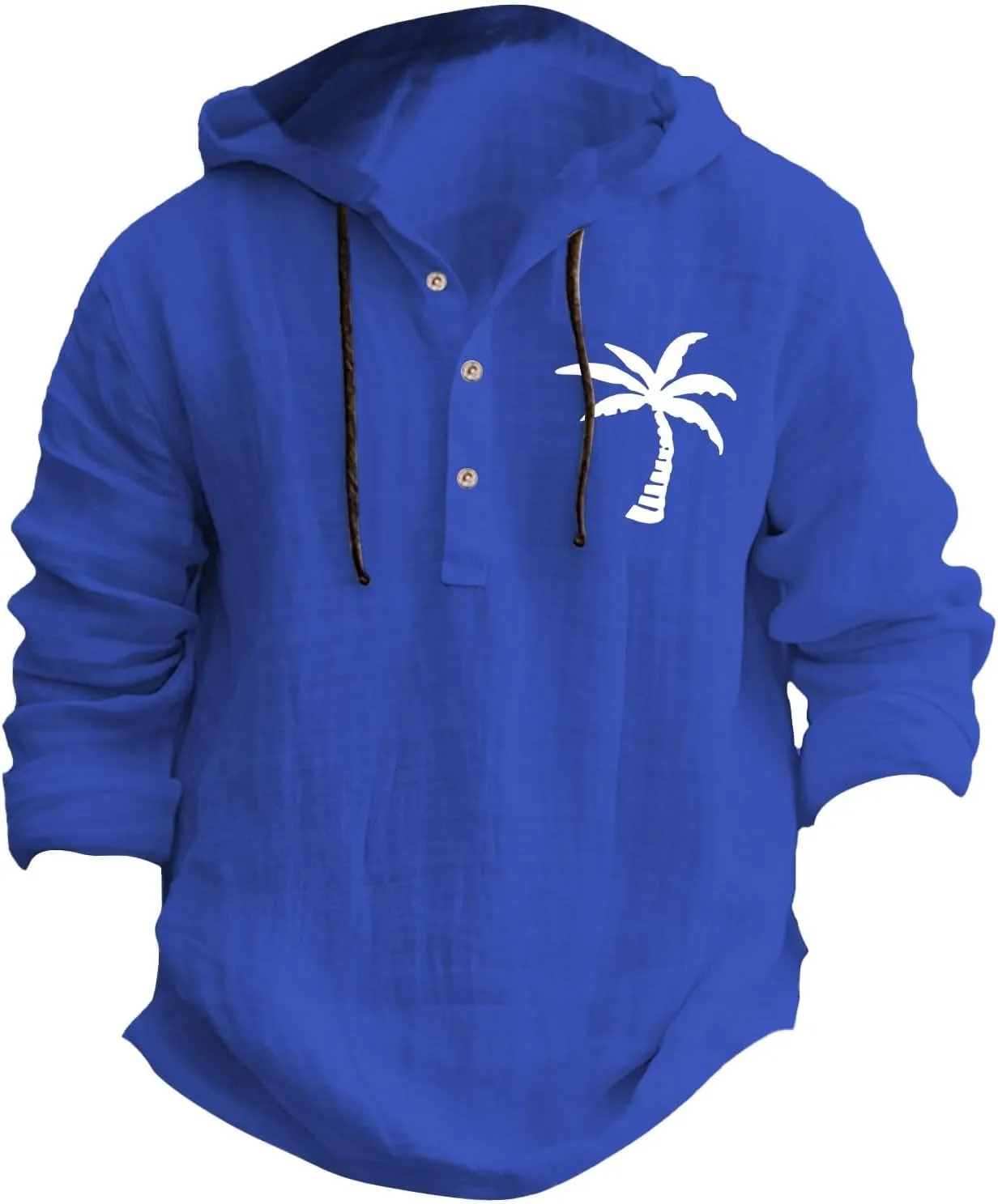 Linen Shirts for Men Casual Summer Palm Tree Print Button Up Shirt Linen Hoodie Beach Long Sleeve Shirt Top with Hood