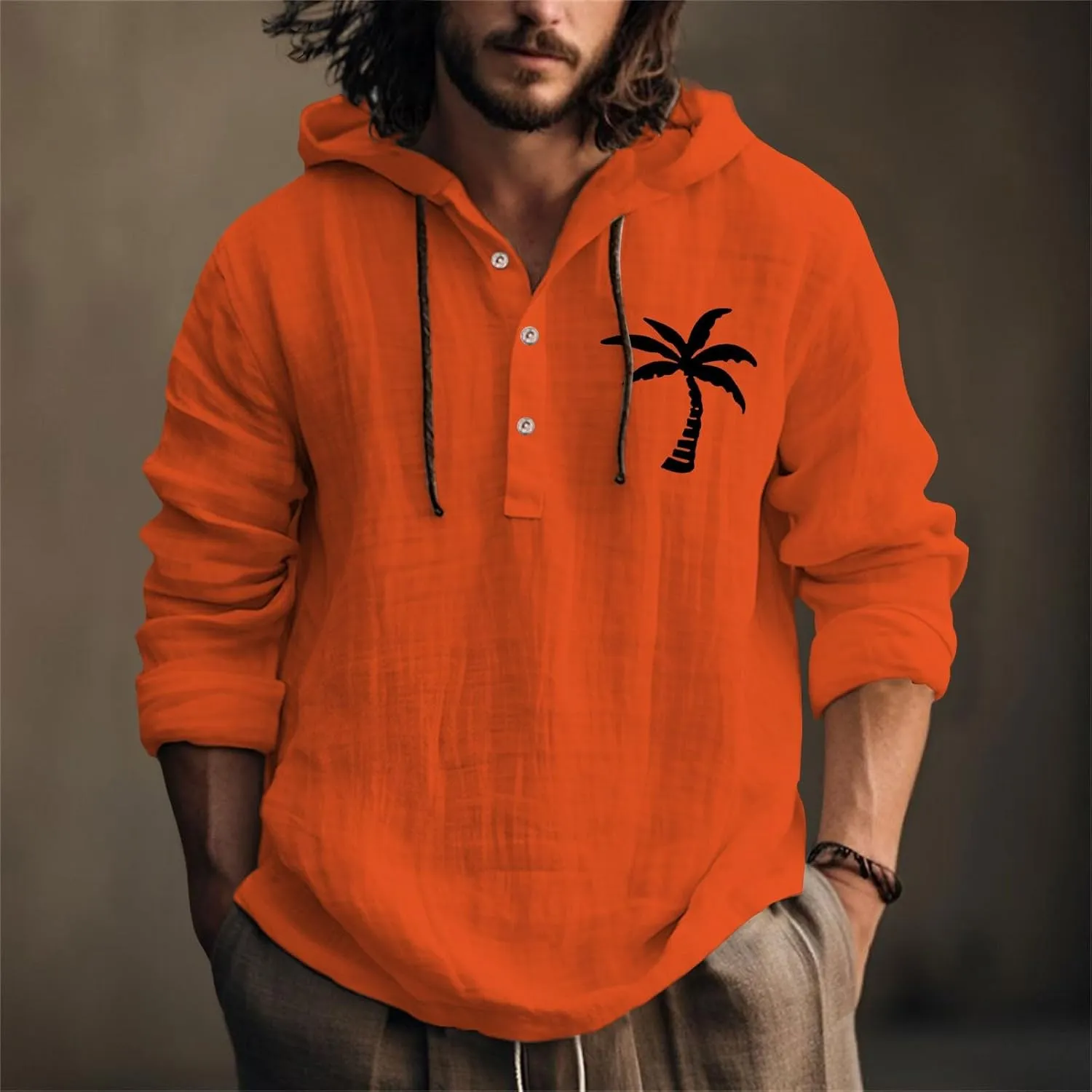 Linen Shirts for Men Casual Summer Palm Tree Print Button Up Shirt Linen Hoodie Beach Long Sleeve Shirt Top with Hood