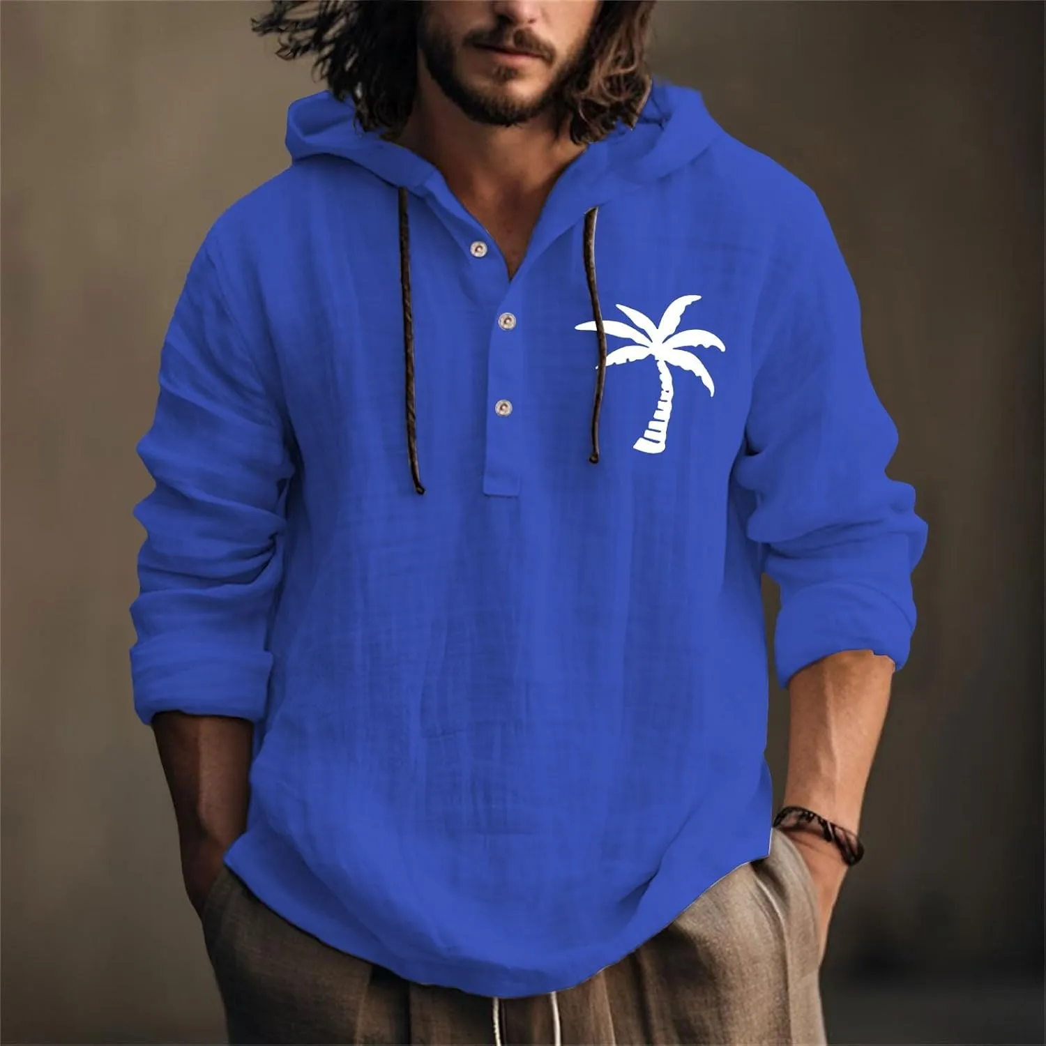 Linen Shirts for Men Casual Summer Palm Tree Print Button Up Shirt Linen Hoodie Beach Long Sleeve Shirt Top with Hood