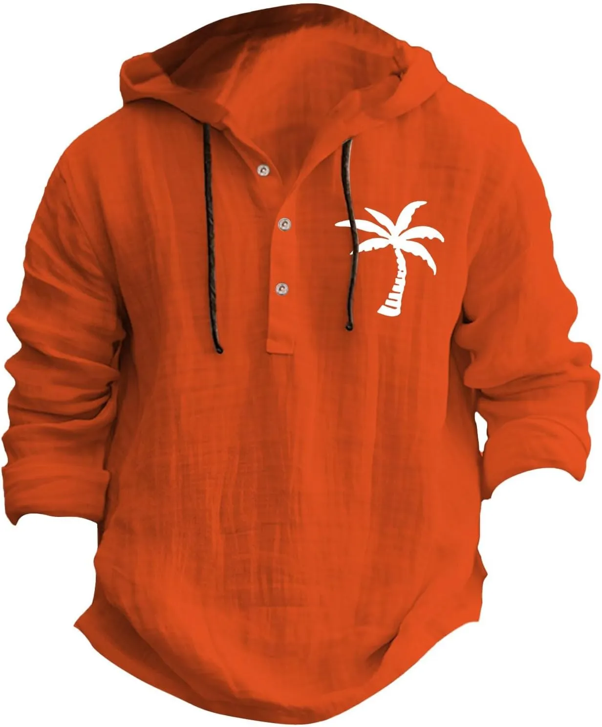 Linen Shirts for Men Casual Summer Palm Tree Print Button Up Shirt Linen Hoodie Beach Long Sleeve Shirt Top with Hood