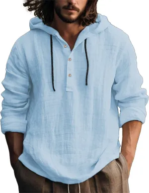 Linen Shirts for Men Lightweight Button Up Long Sleeve Shirts with Hood Regular Fit Cotton Beach Shirt