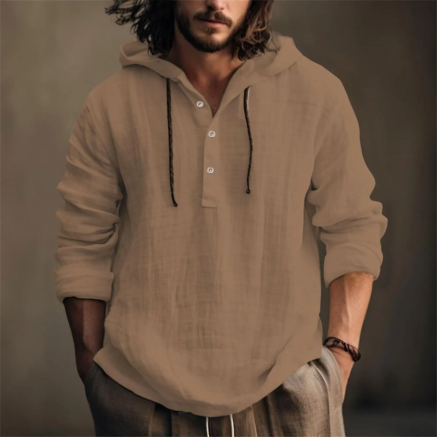 Linen Shirts for Men Lightweight Button Up Long Sleeve Shirts with Hood Regular Fit Cotton Beach Shirt