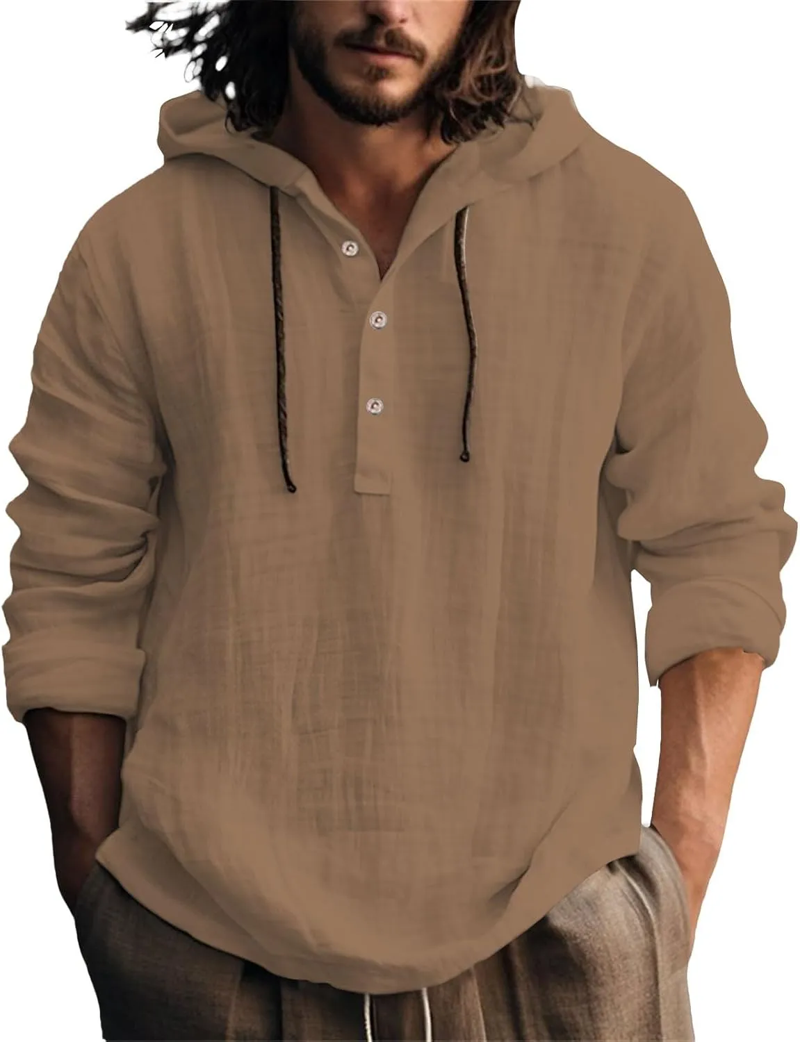 Linen Shirts for Men Lightweight Button Up Long Sleeve Shirts with Hood Regular Fit Cotton Beach Shirt