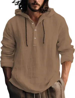 Linen Shirts for Men Lightweight Button Up Long Sleeve Shirts with Hood Regular Fit Cotton Beach Shirt