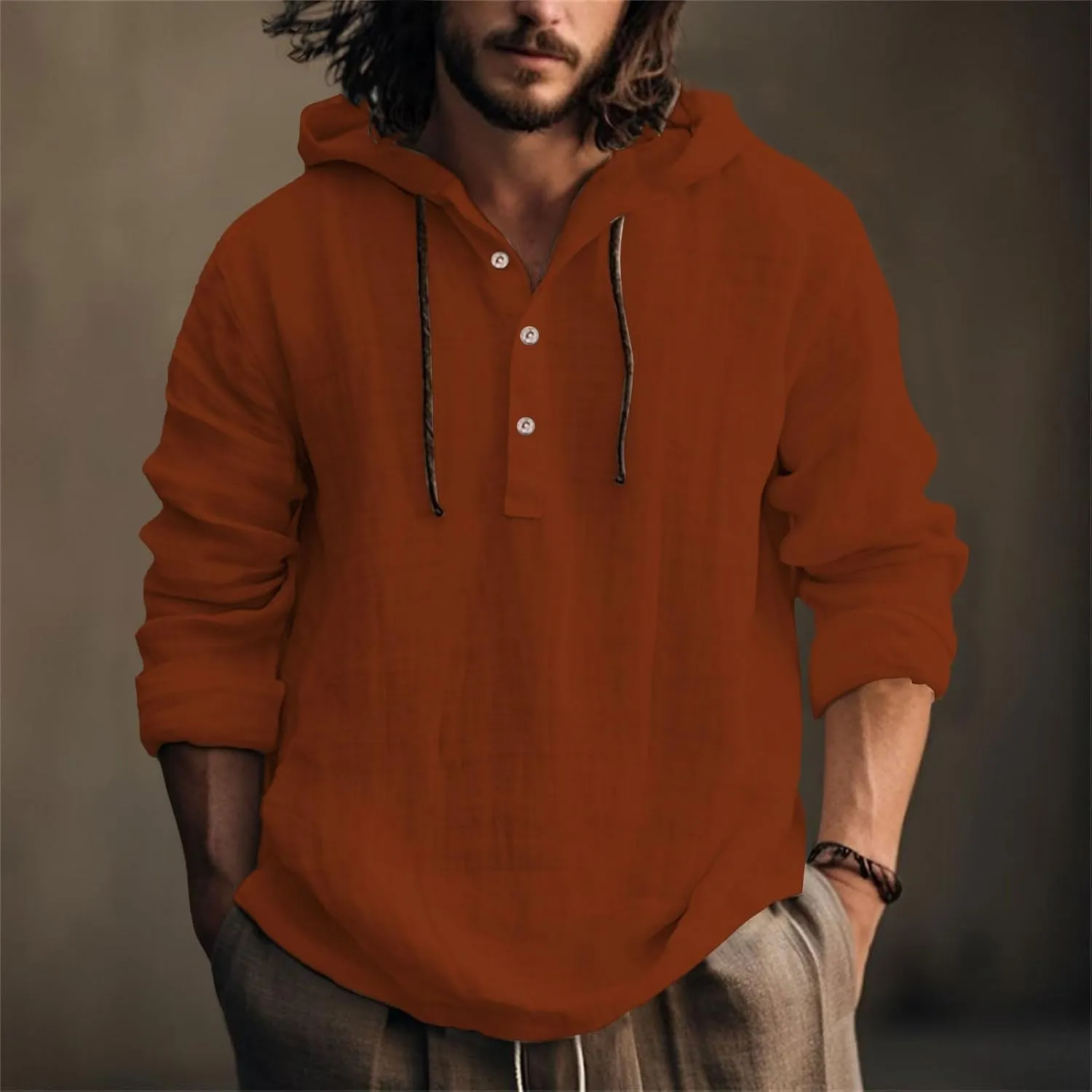 Linen Shirts for Men Lightweight Button Up Long Sleeve Shirts with Hood Regular Fit Cotton Beach Shirt