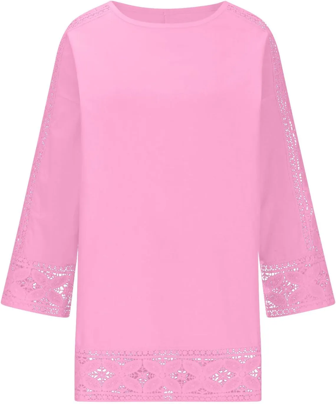 Linen Shirts for Women Lace Patchwork 3/4 Length Sleeve Womens Tops Mock Neck Dressy Casual Loose Fit Cotton Blouse