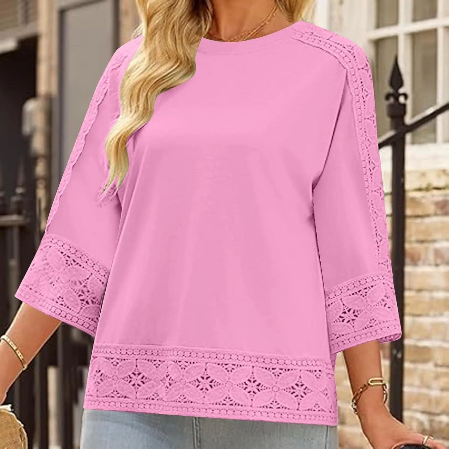 Linen Shirts for Women Lace Patchwork 3/4 Length Sleeve Womens Tops Mock Neck Dressy Casual Loose Fit Cotton Blouse