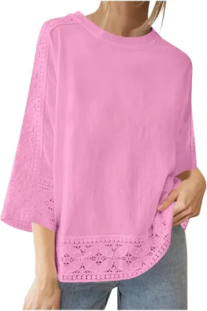Linen Shirts for Women Lace Patchwork 3/4 Length Sleeve Womens Tops Mock Neck Dressy Casual Loose Fit Cotton Blouse