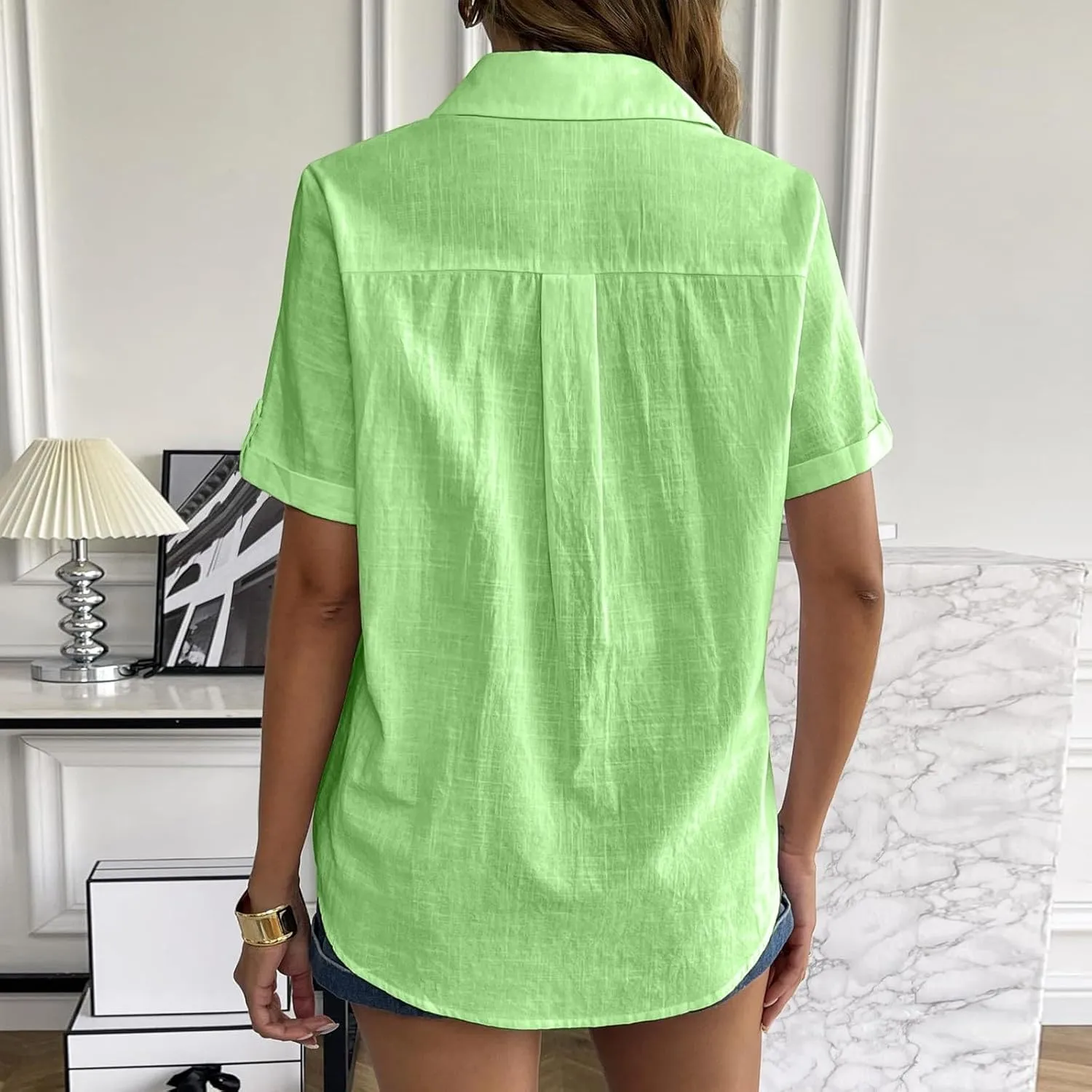 Linen Shirts for Women, Linen Button Down Shirt Women Short Sleeve Summer Trendy Tops Work Beach Collared Blouses