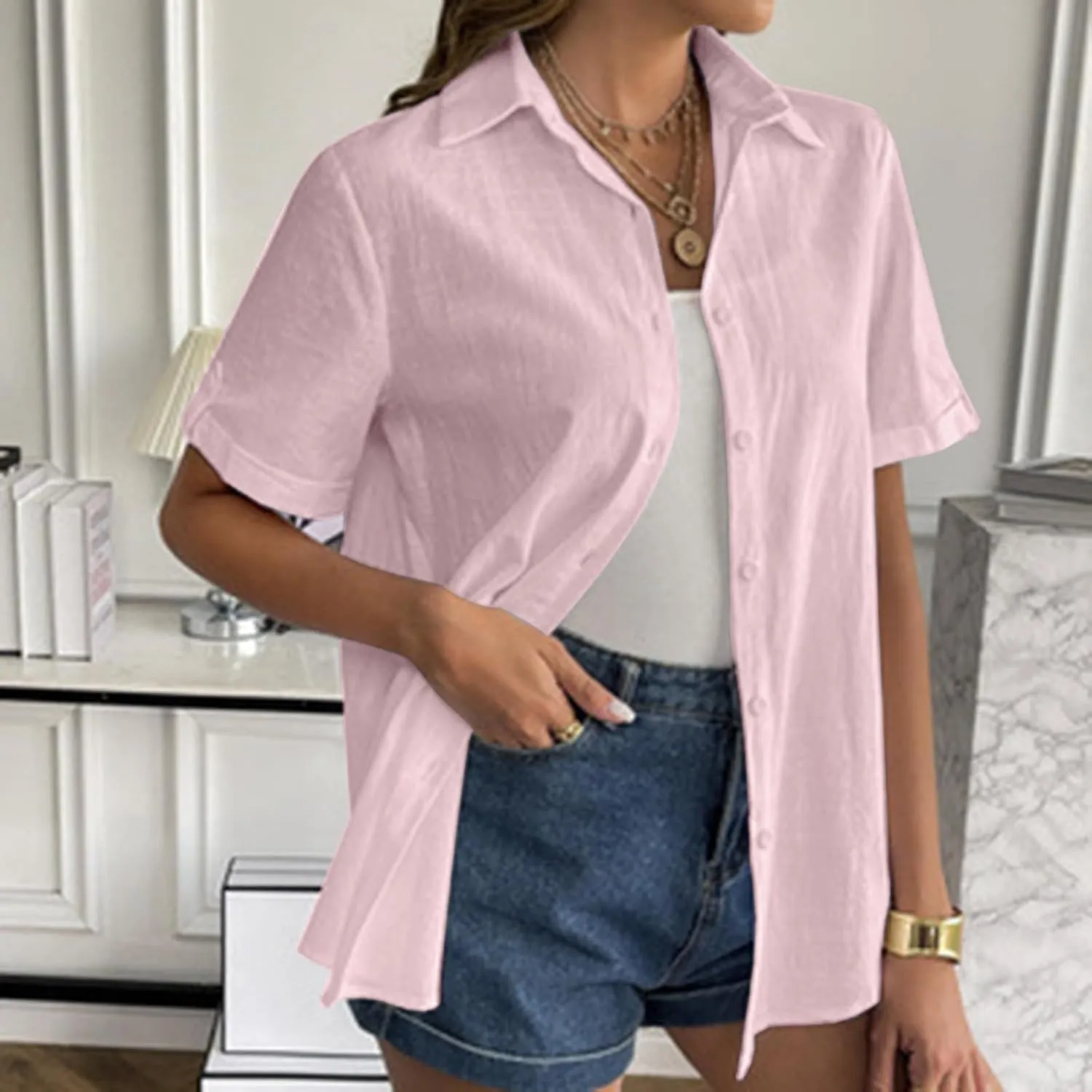 Linen Shirts for Women, Linen Button Down Shirt Women Short Sleeve Summer Trendy Tops Work Beach Collared Blouses