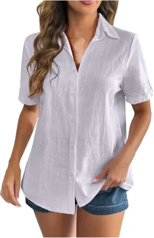 Linen Shirts for Women, Linen Button Down Shirt Women Short Sleeve Summer Trendy Tops Work Beach Collared Blouses
