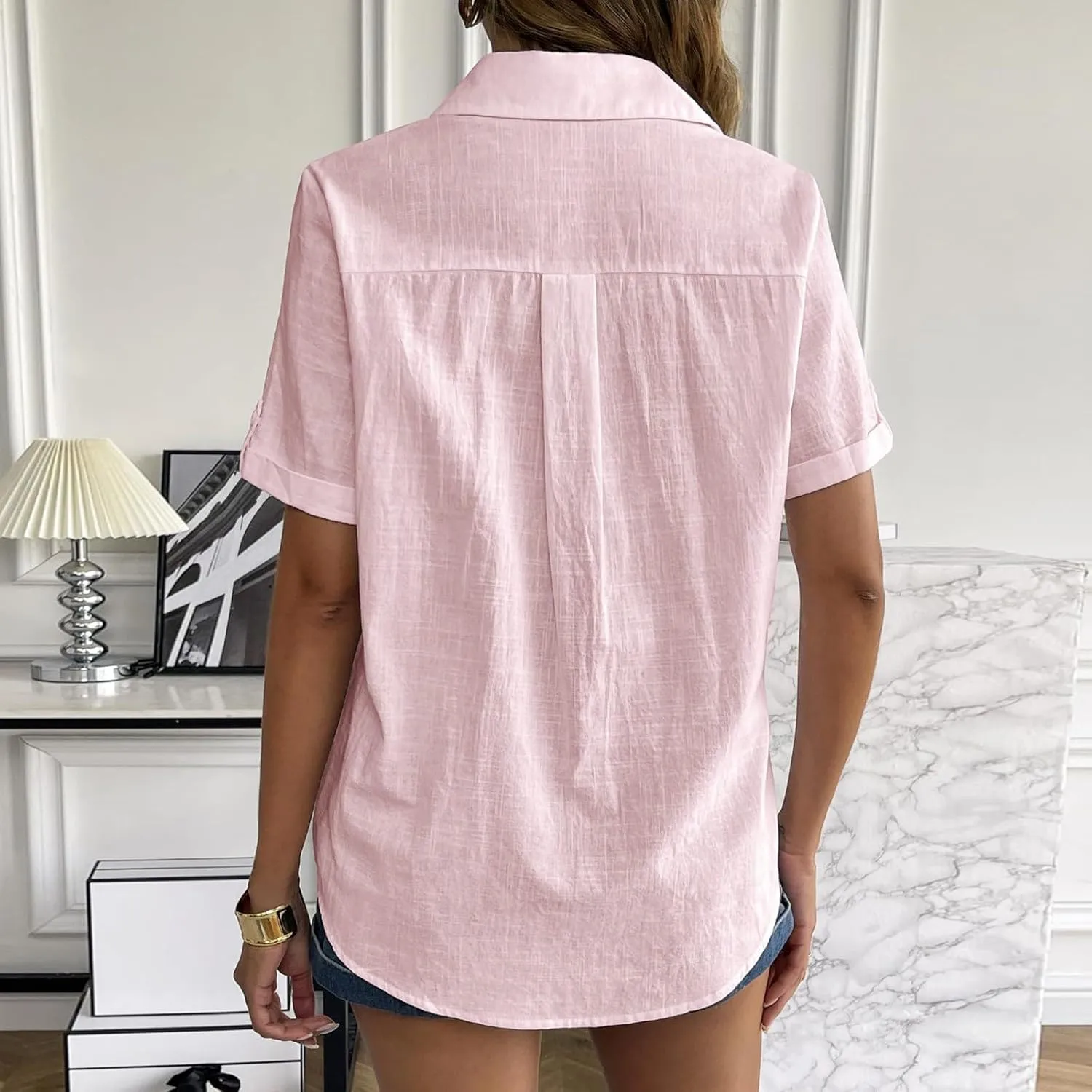 Linen Shirts for Women, Linen Button Down Shirt Women Short Sleeve Summer Trendy Tops Work Beach Collared Blouses